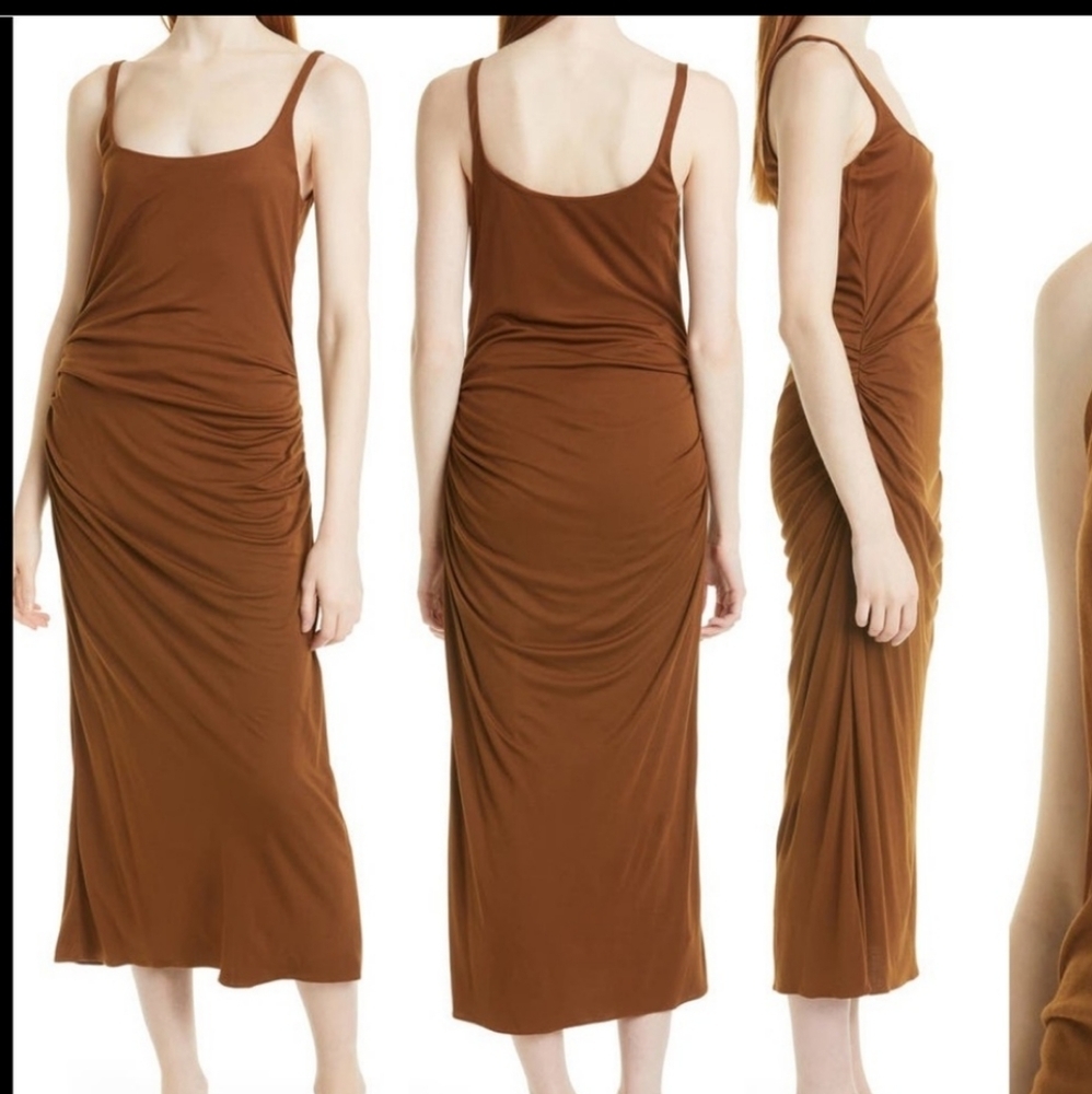 Rebecca Taylor Ruched Side Seam Tank Midi Dress Brown Cocoa Medium M‎